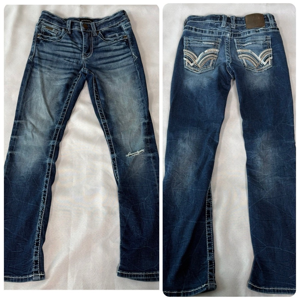 Buckle Black Bootcut Denim Boys Size 8 Regular Jeans Whiskered Western Biker